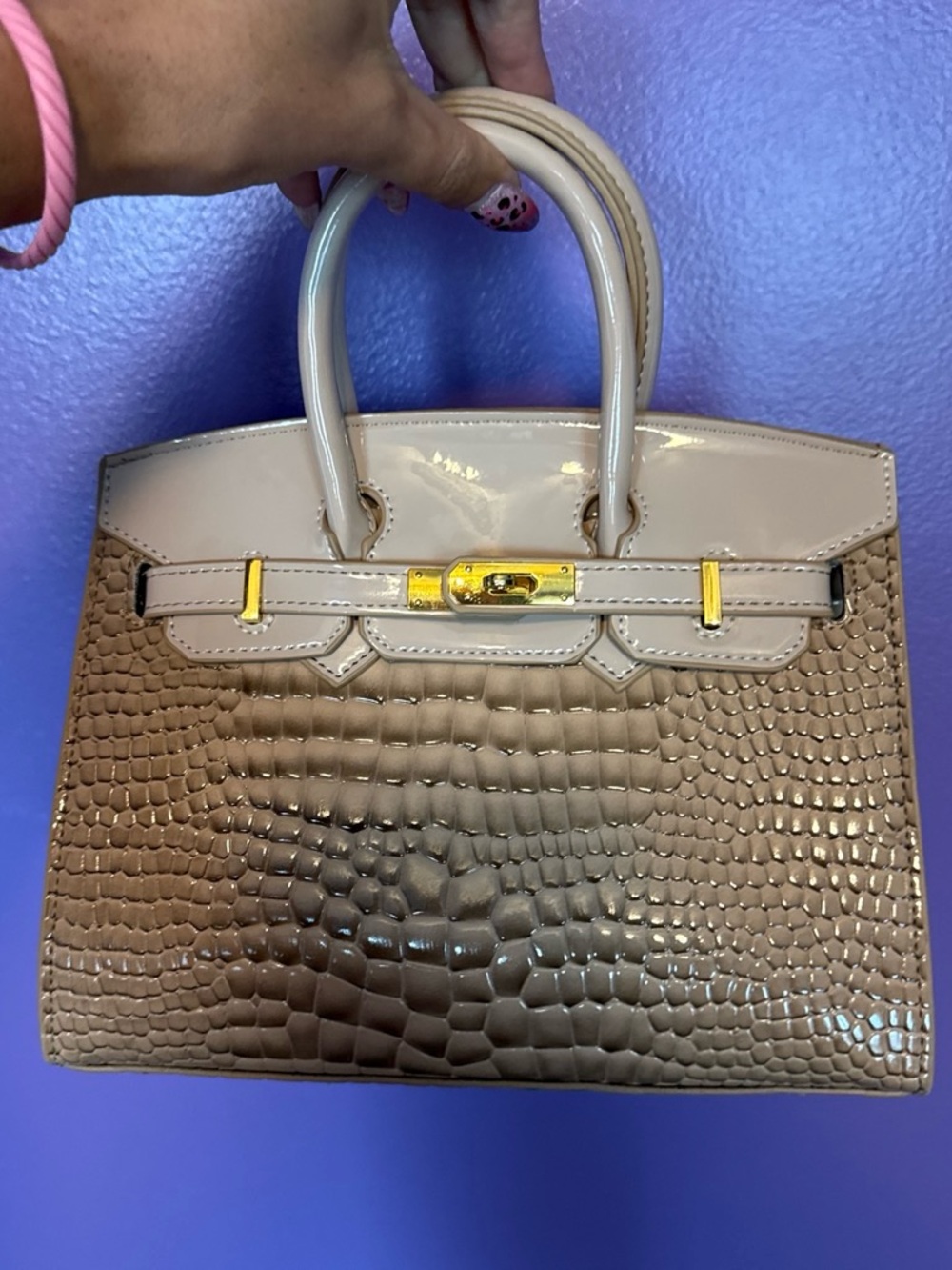 Source Unknown Glossy Taupe Croc-Embossed Satchel with Gold Hardware